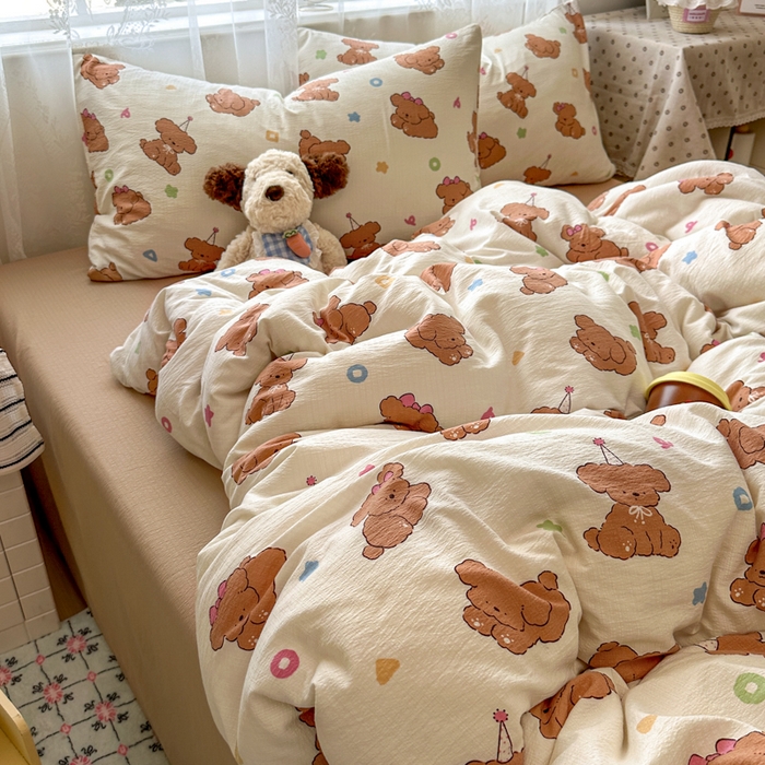 91家纺网 家纺一手货源 找家纺 花伞家居 2025新款印花双层纱四件套（提供买家秀） 樱桃小狗