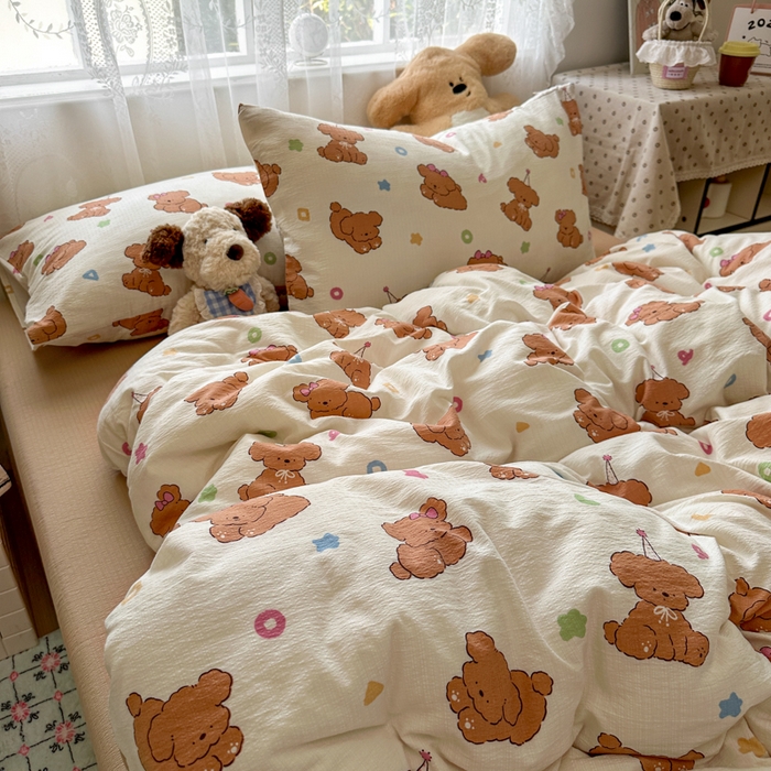 91家纺网 家纺一手货源 找家纺 花伞家居 2025新款印花双层纱四件套（提供买家秀） 樱桃小狗