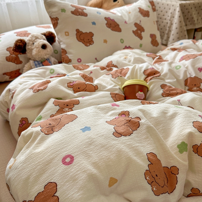 91家纺网 家纺一手货源 找家纺 花伞家居 2025新款印花双层纱四件套（提供买家秀） 樱桃小狗