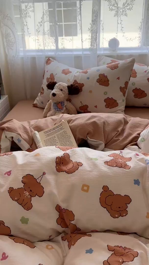 91家纺网 家纺一手货源 找家纺 花伞家居 2025新款印花双层纱四件套（提供买家秀） 樱桃小狗