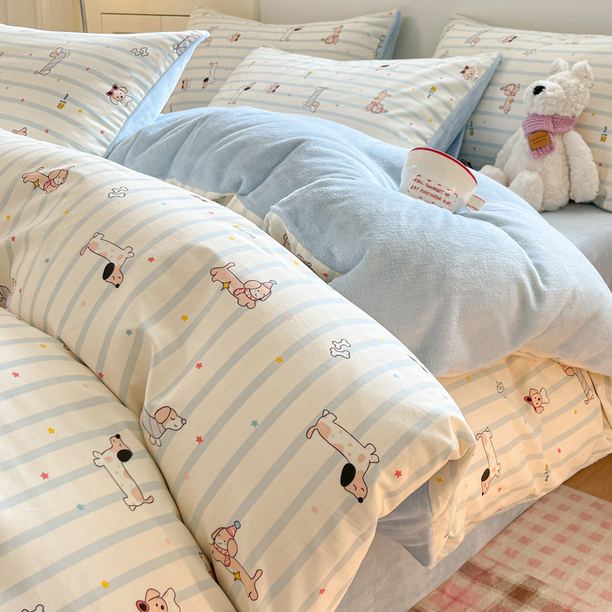 91家纺网 家纺一手货源 找家纺 麦伦家居 2025秋冬新款多功能床品全棉+牛奶绒印花四件套 机灵旺仔