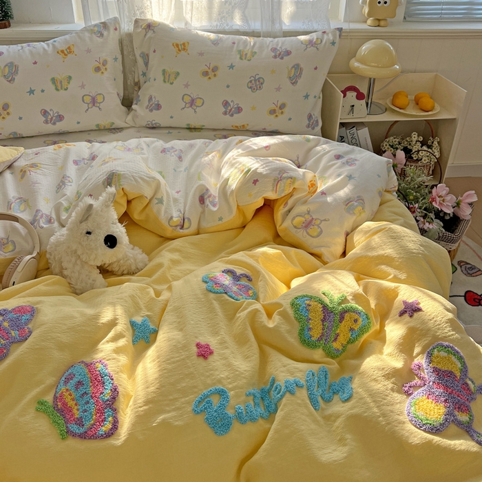 91家纺网 家纺一手货源 找家纺 （总）花伞家居 2025新款毛巾绣印花双层纱四件套（提供买家秀）