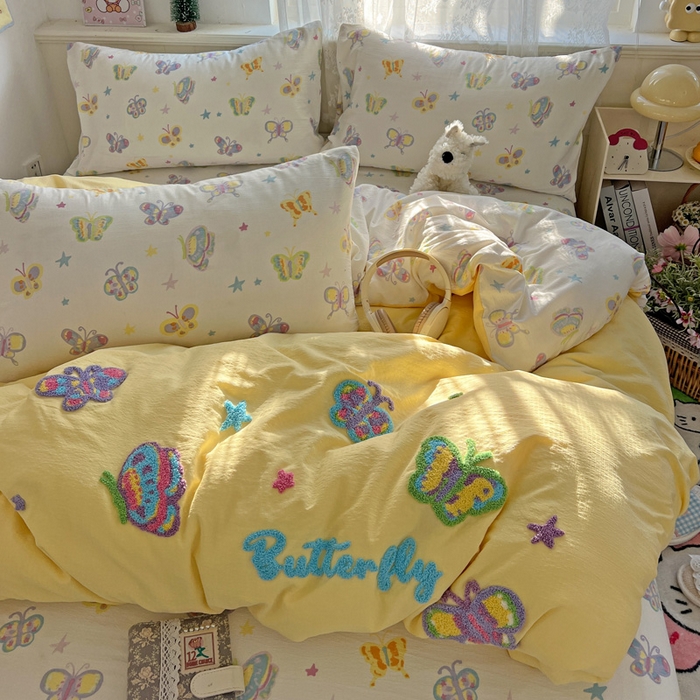 91家纺网 家纺一手货源 找家纺 （总）花伞家居 2025新款毛巾绣印花双层纱四件套（提供买家秀）