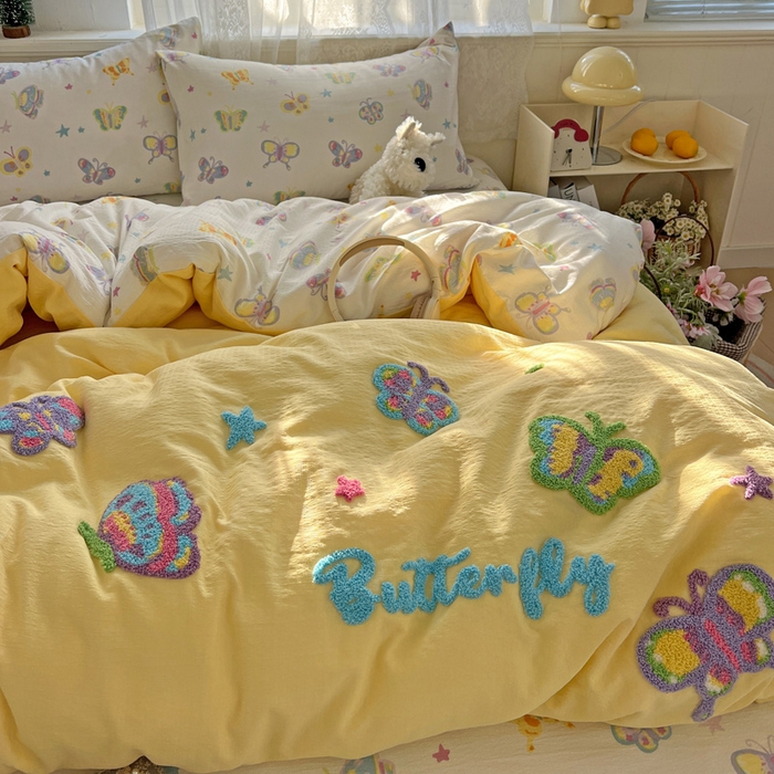 91家纺网 家纺一手货源 找家纺 （总）花伞家居 2025新款毛巾绣印花双层纱四件套（提供买家秀）