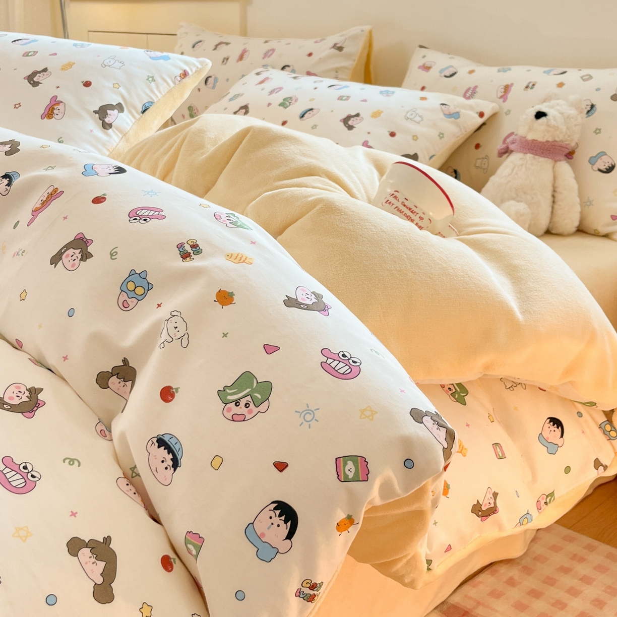 麦伦家居 2025秋冬新款多功能床品全棉+牛奶绒印花四件套 蜡笔新