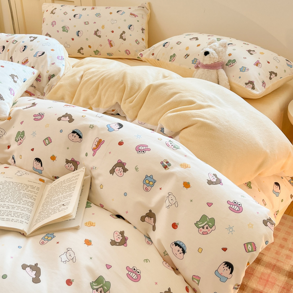 91家纺网 家纺一手货源 找家纺 麦伦家居 2025秋冬新款多功能床品全棉+牛奶绒印花四件套 蜡笔新