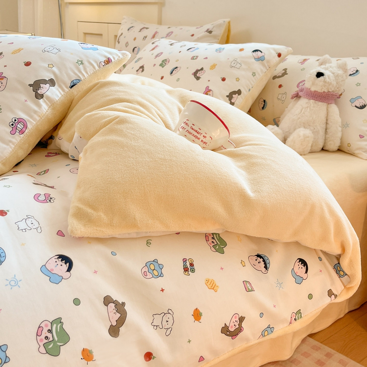 91家纺网 家纺一手货源 找家纺 麦伦家居 2025秋冬新款多功能床品全棉+牛奶绒印花四件套 蜡笔新