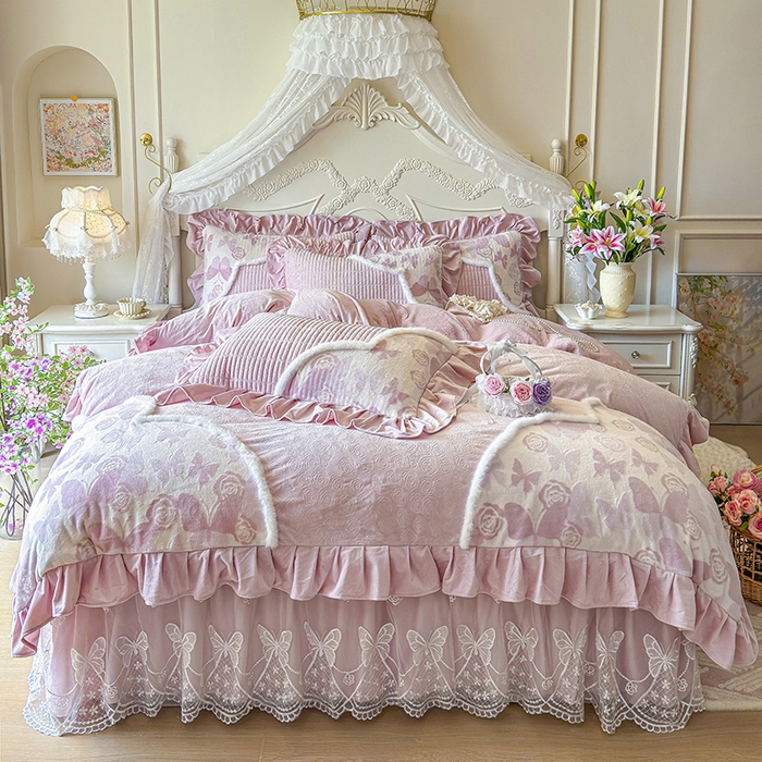 宜凡家纺 2025新款婴儿绒压花撞色双拼夹棉床裙四件套 床裙款-锦时