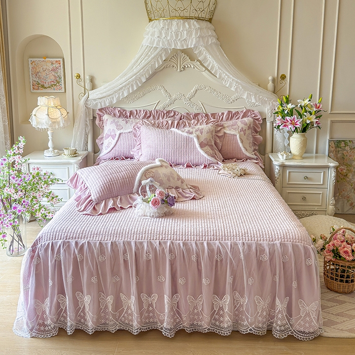 91家纺网 家纺一手货源 找家纺 宜凡家纺 2025新款婴儿绒压花撞色双拼夹棉床裙四件套 床裙款-锦时