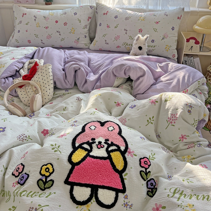 91家纺网 家纺一手货源 找家纺 （总）花伞家居 2025新款毛巾绣印花双层纱四件套（提供买家秀）