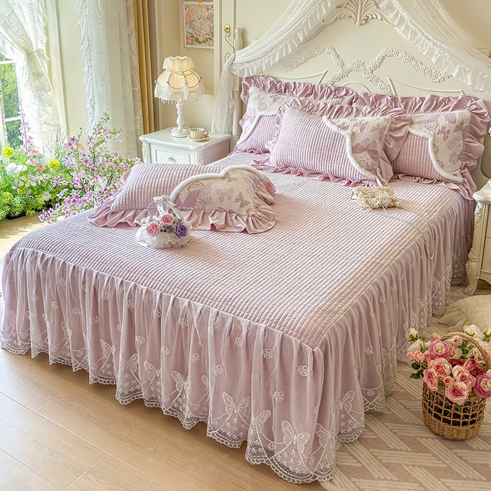 91家纺网 家纺一手货源 找家纺 宜凡家纺 2025新款婴儿绒压花撞色双拼夹棉床裙四件套 床裙款-锦时