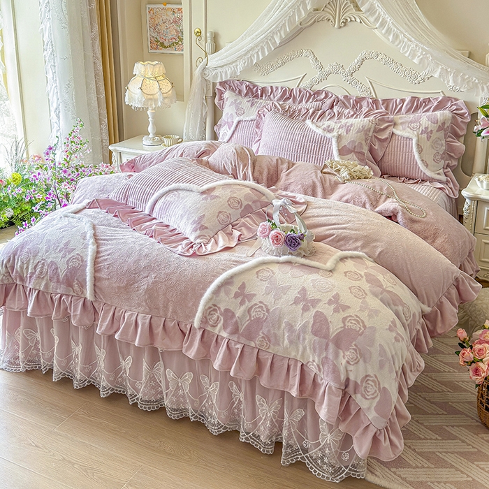 91家纺网 家纺一手货源 找家纺 宜凡家纺 2025新款婴儿绒压花撞色双拼夹棉床裙四件套 床裙款-锦时