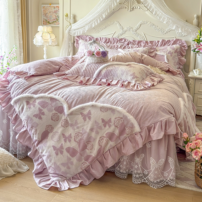 91家纺网 家纺一手货源 找家纺 宜凡家纺 2025新款婴儿绒压花撞色双拼夹棉床裙四件套 床裙款-锦时