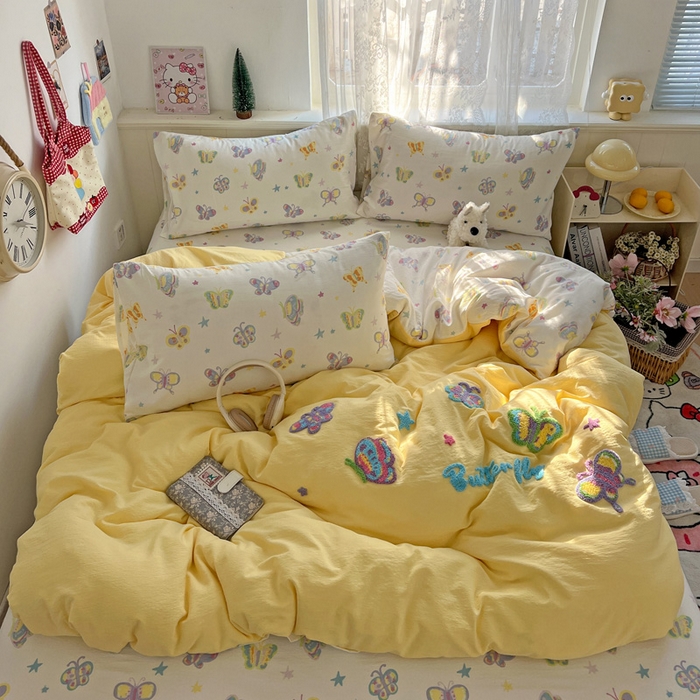 91家纺网 家纺一手货源 找家纺 花伞家居 2025新款毛巾绣印花双层纱四件套（提供买家秀） 花蝴蝶