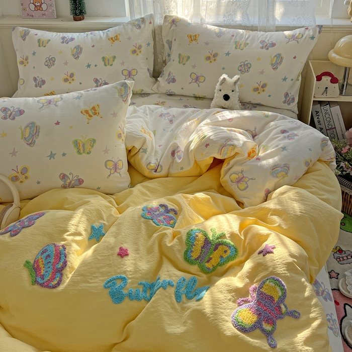 91家纺网 家纺一手货源 找家纺 花伞家居 2025新款毛巾绣印花双层纱四件套（提供买家秀） 花蝴蝶