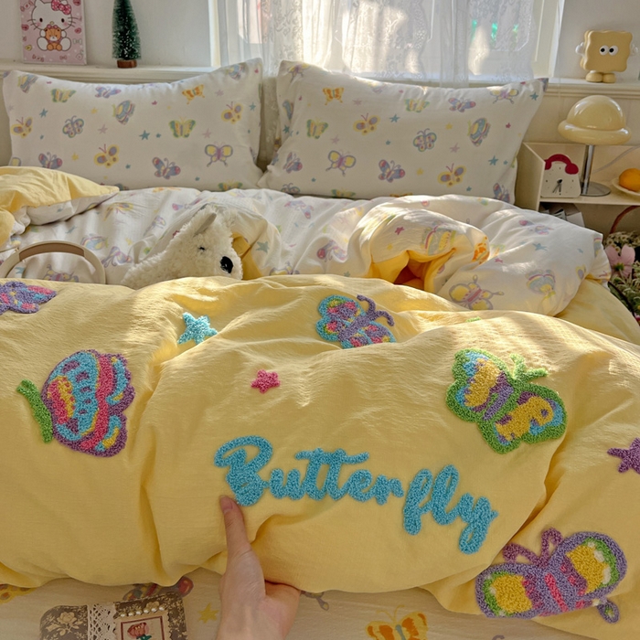 91家纺网 家纺一手货源 找家纺 花伞家居 2025新款毛巾绣印花双层纱四件套（提供买家秀） 花蝴蝶