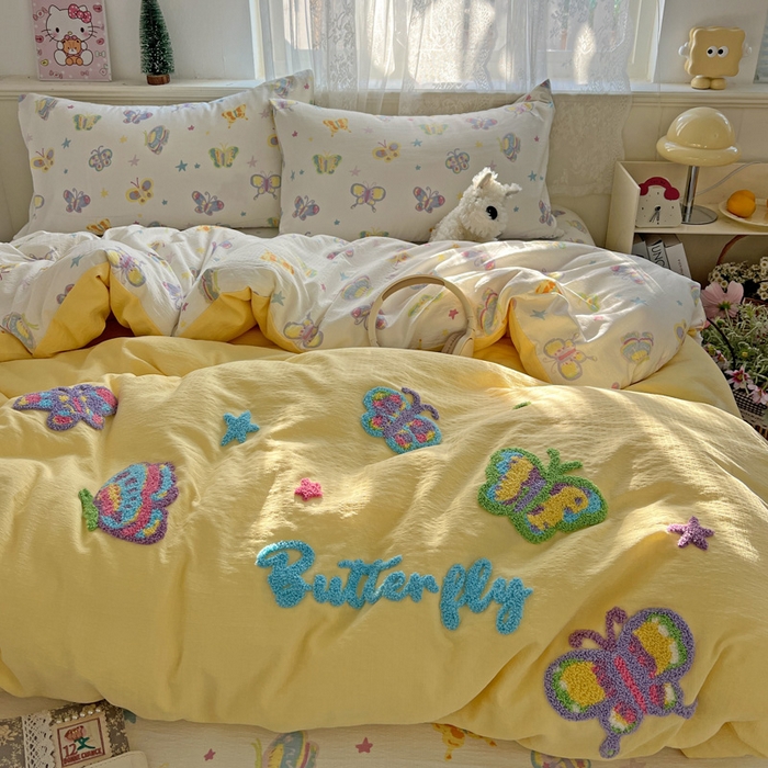 91家纺网 家纺一手货源 找家纺 花伞家居 2025新款毛巾绣印花双层纱四件套（提供买家秀） 花蝴蝶