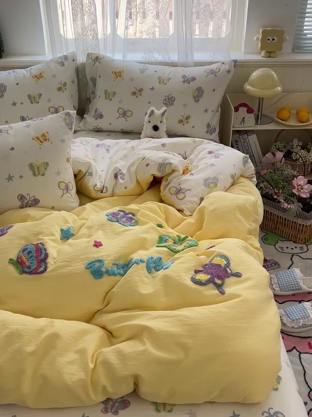 91家纺网 家纺一手货源 找家纺 花伞家居 2025新款毛巾绣印花双层纱四件套（提供买家秀） 花蝴蝶