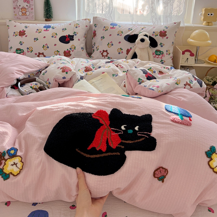 91家纺网 家纺一手货源 找家纺 花伞家居 2025新款毛巾绣印花双层纱四件套（提供买家秀） 肥肥猫