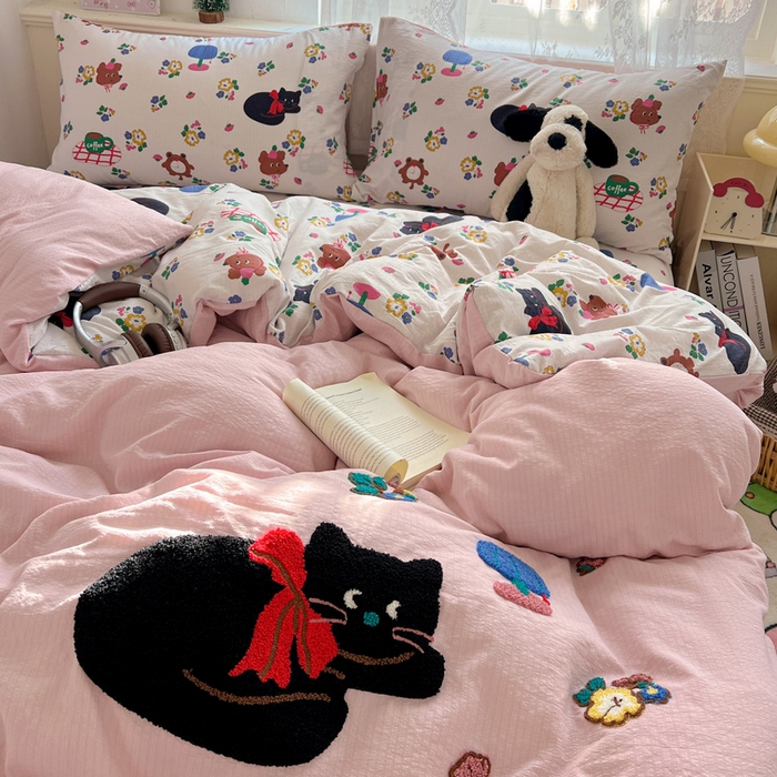 91家纺网 家纺一手货源 找家纺 花伞家居 2025新款毛巾绣印花双层纱四件套（提供买家秀） 肥肥猫