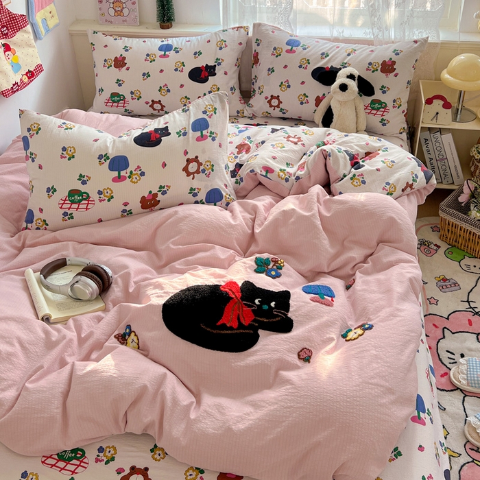 91家纺网 家纺一手货源 找家纺 花伞家居 2025新款毛巾绣印花双层纱四件套（提供买家秀） 肥肥猫