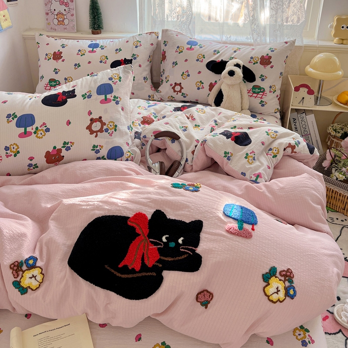 91家纺网 家纺一手货源 找家纺 花伞家居 2025新款毛巾绣印花双层纱四件套（提供买家秀） 肥肥猫