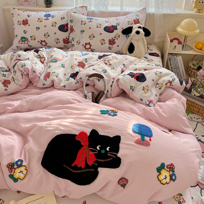 91家纺网 家纺一手货源 找家纺 花伞家居 2025新款毛巾绣印花双层纱四件套（提供买家秀） 肥肥猫