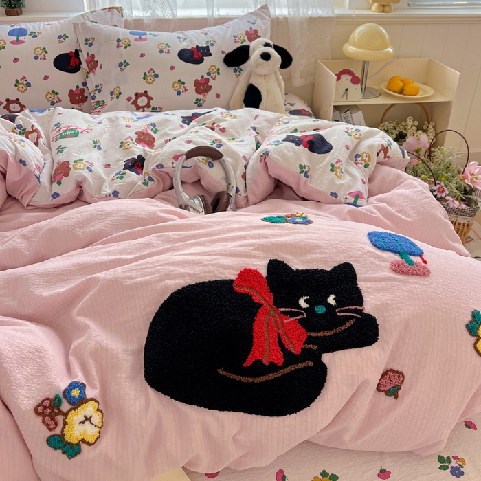 91家纺网 家纺一手货源 找家纺 花伞家居 2025新款毛巾绣印花双层纱四件套（提供买家秀） 肥肥猫