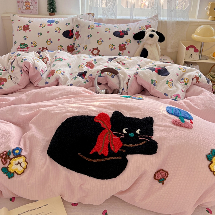 91家纺网 家纺一手货源 找家纺 花伞家居 2025新款毛巾绣印花双层纱四件套（提供买家秀） 肥肥猫