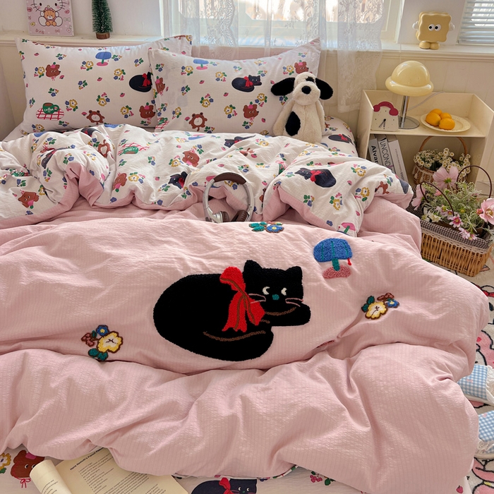 91家纺网 家纺一手货源 找家纺 花伞家居 2025新款毛巾绣印花双层纱四件套（提供买家秀） 肥肥猫