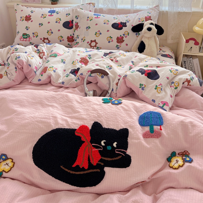 91家纺网 家纺一手货源 找家纺 花伞家居 2025新款毛巾绣印花双层纱四件套（提供买家秀） 肥肥猫