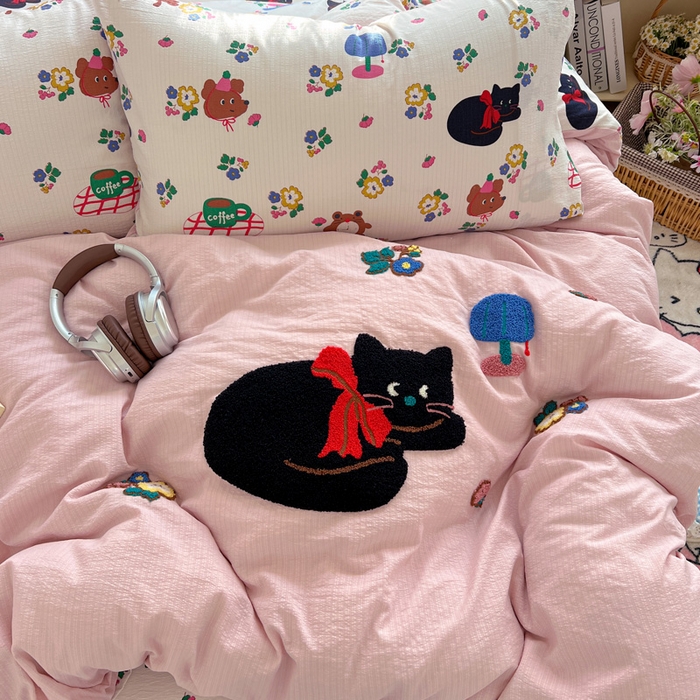 91家纺网 家纺一手货源 找家纺 花伞家居 2025新款毛巾绣印花双层纱四件套（提供买家秀） 肥肥猫