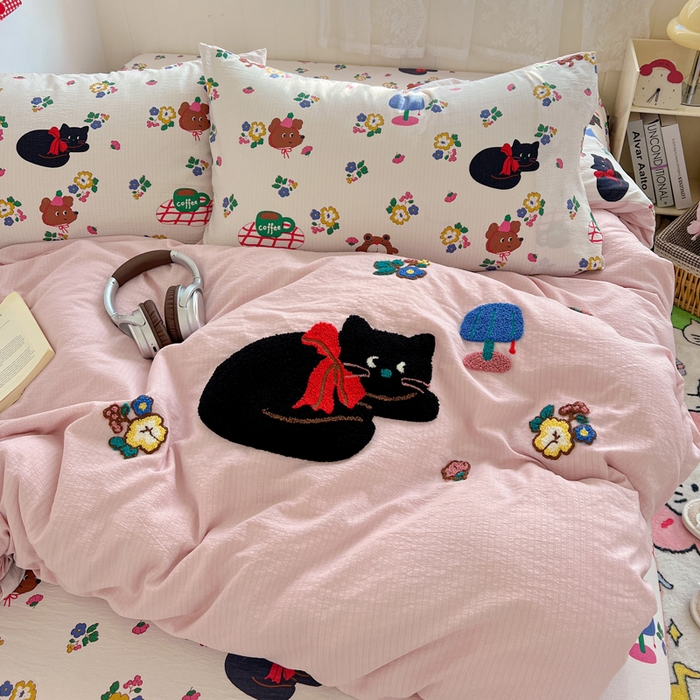 91家纺网 家纺一手货源 找家纺 花伞家居 2025新款毛巾绣印花双层纱四件套（提供买家秀） 肥肥猫