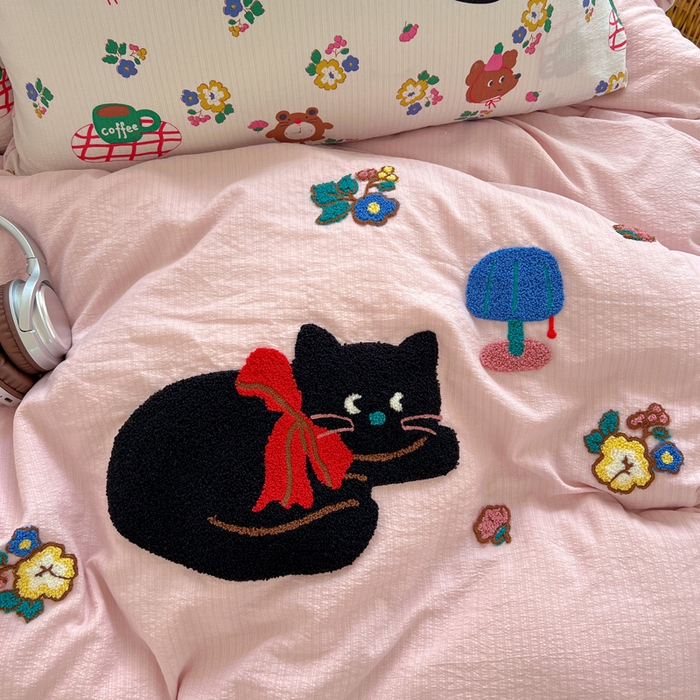 91家纺网 家纺一手货源 找家纺 花伞家居 2025新款毛巾绣印花双层纱四件套（提供买家秀） 肥肥猫