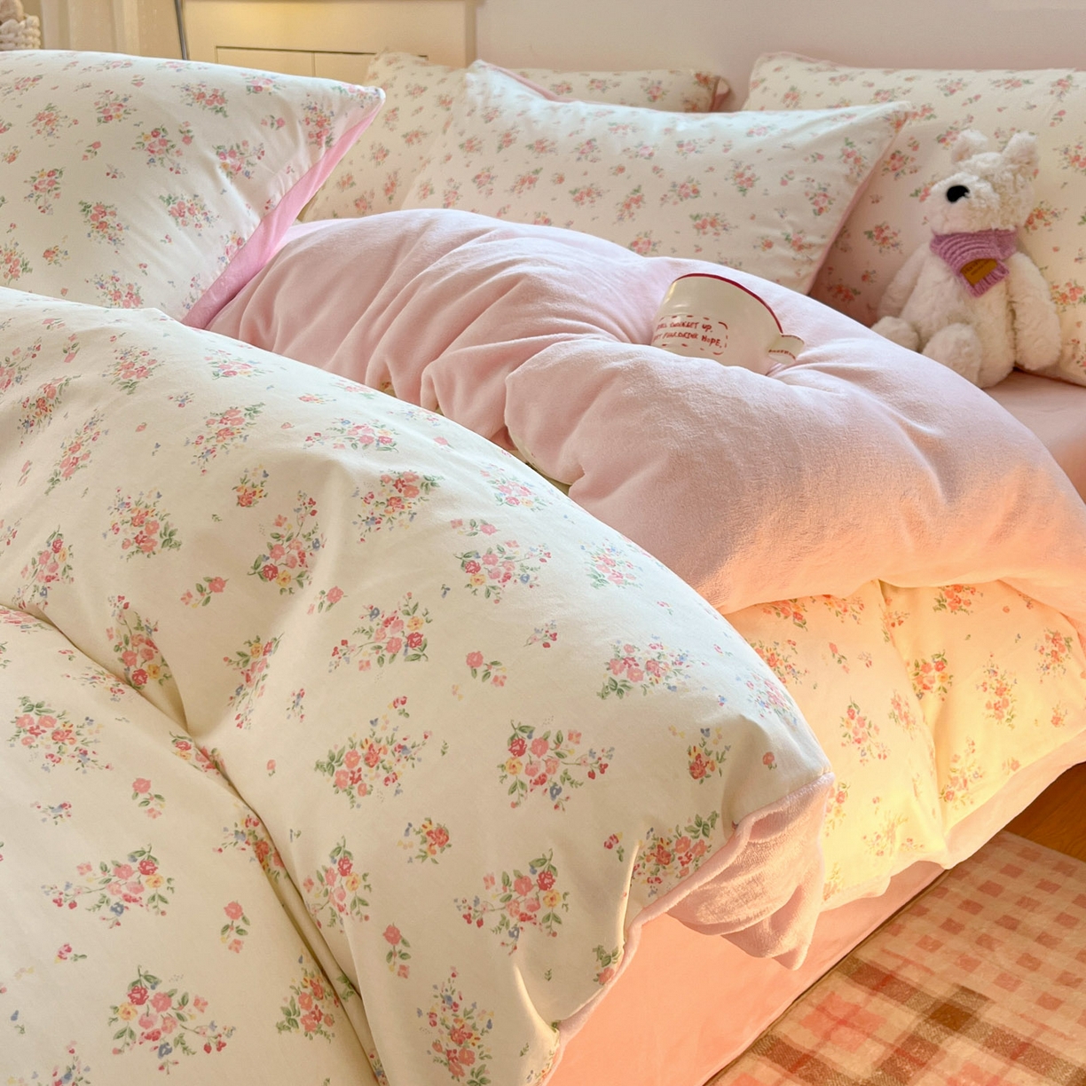 麦伦家居 2025秋冬新款多功能床品全棉+牛奶绒印花四件套 那些花儿