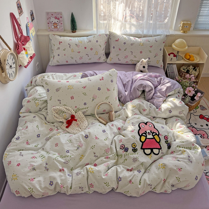 91家纺网 家纺一手货源 找家纺 花伞家居 2025新款毛巾绣印花双层纱四件套（提供买家秀） 调皮兔