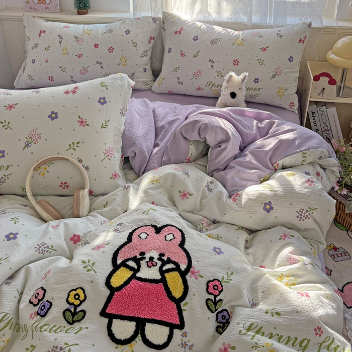 91家纺网 家纺一手货源 找家纺 花伞家居 2025新款毛巾绣印花双层纱四件套（提供买家秀） 调皮兔