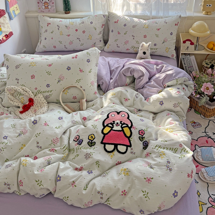 91家纺网 家纺一手货源 找家纺 花伞家居 2025新款毛巾绣印花双层纱四件套（提供买家秀） 调皮兔