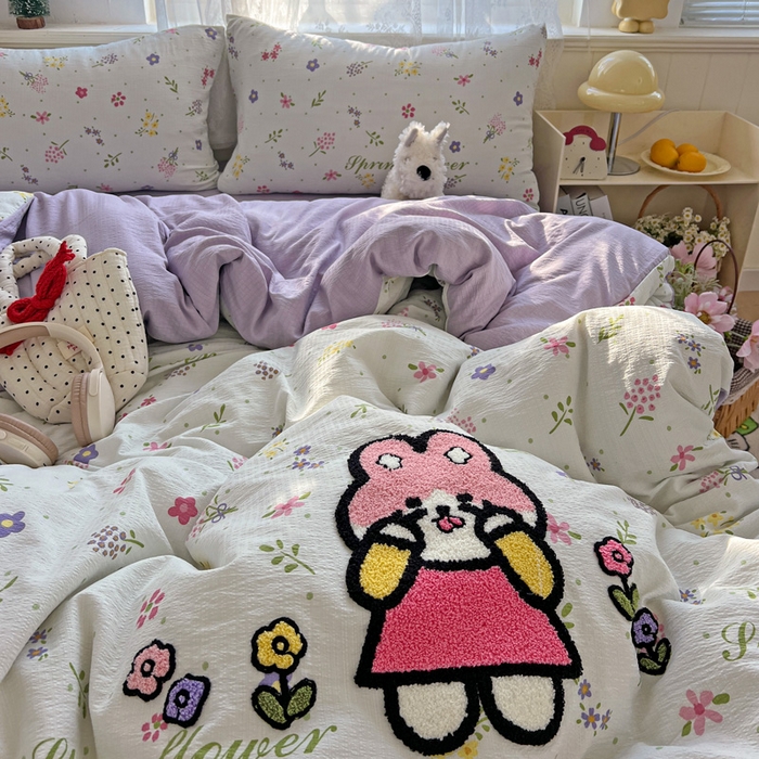 91家纺网 家纺一手货源 找家纺 花伞家居 2025新款毛巾绣印花双层纱四件套（提供买家秀） 调皮兔