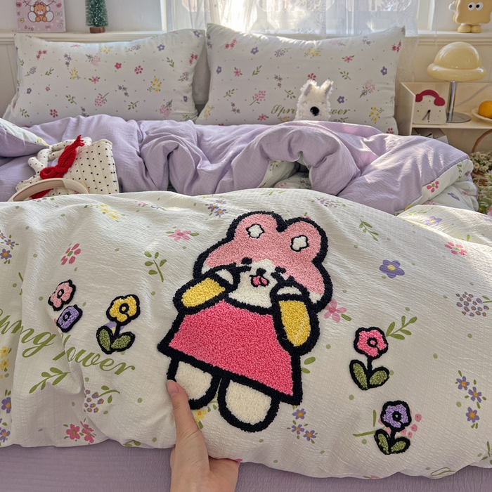 91家纺网 家纺一手货源 找家纺 花伞家居 2025新款毛巾绣印花双层纱四件套（提供买家秀） 调皮兔