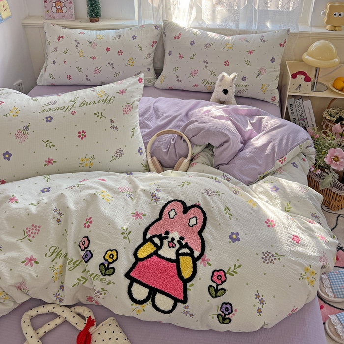 91家纺网 家纺一手货源 找家纺 花伞家居 2025新款毛巾绣印花双层纱四件套（提供买家秀） 调皮兔