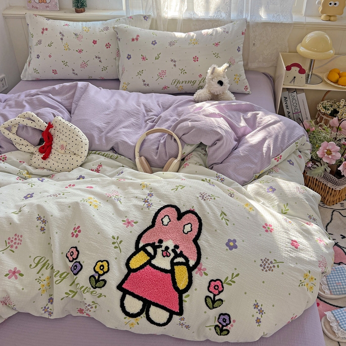 91家纺网 家纺一手货源 找家纺 花伞家居 2025新款毛巾绣印花双层纱四件套（提供买家秀） 调皮兔