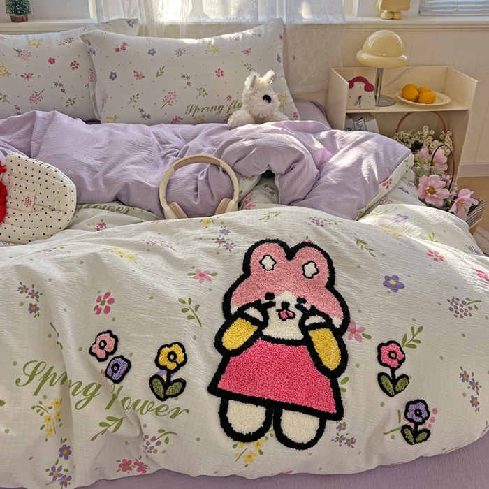 91家纺网 家纺一手货源 找家纺 花伞家居 2025新款毛巾绣印花双层纱四件套（提供买家秀） 调皮兔