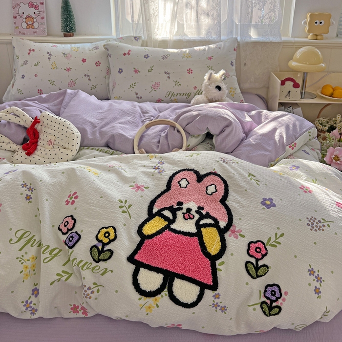 91家纺网 家纺一手货源 找家纺 花伞家居 2025新款毛巾绣印花双层纱四件套（提供买家秀） 调皮兔