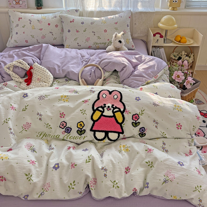 91家纺网 家纺一手货源 找家纺 花伞家居 2025新款毛巾绣印花双层纱四件套（提供买家秀） 调皮兔