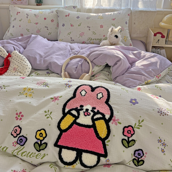 91家纺网 家纺一手货源 找家纺 花伞家居 2025新款毛巾绣印花双层纱四件套（提供买家秀） 调皮兔