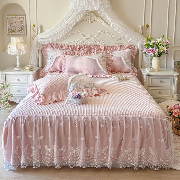 91家纺网 家纺一手货源 找家纺 宜凡家纺 2025新款婴儿绒压花撞色双拼夹棉床裙四件套 床裙款-汐月