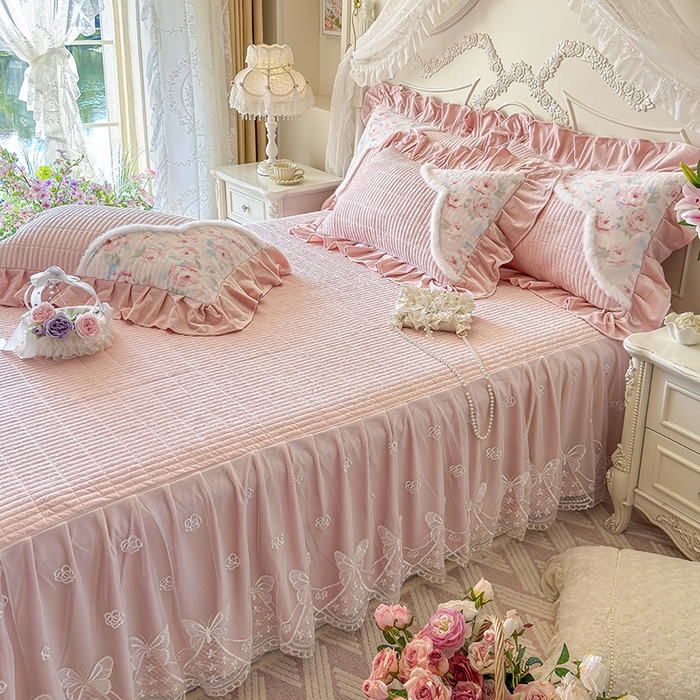 91家纺网 家纺一手货源 找家纺 宜凡家纺 2025新款婴儿绒压花撞色双拼夹棉床裙四件套 床裙款-汐月