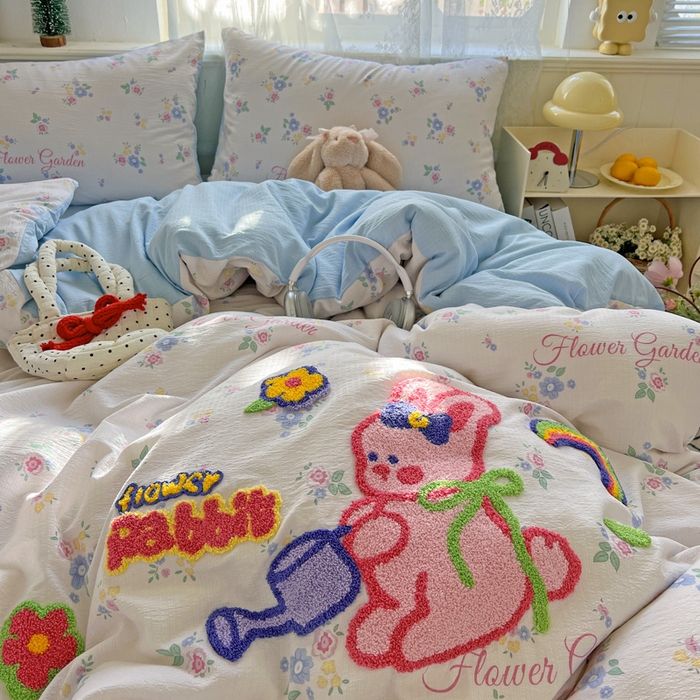 91家纺网 家纺一手货源 找家纺 花伞家居 2025新款毛巾绣印花双层纱四件套（提供买家秀） 浇花兔