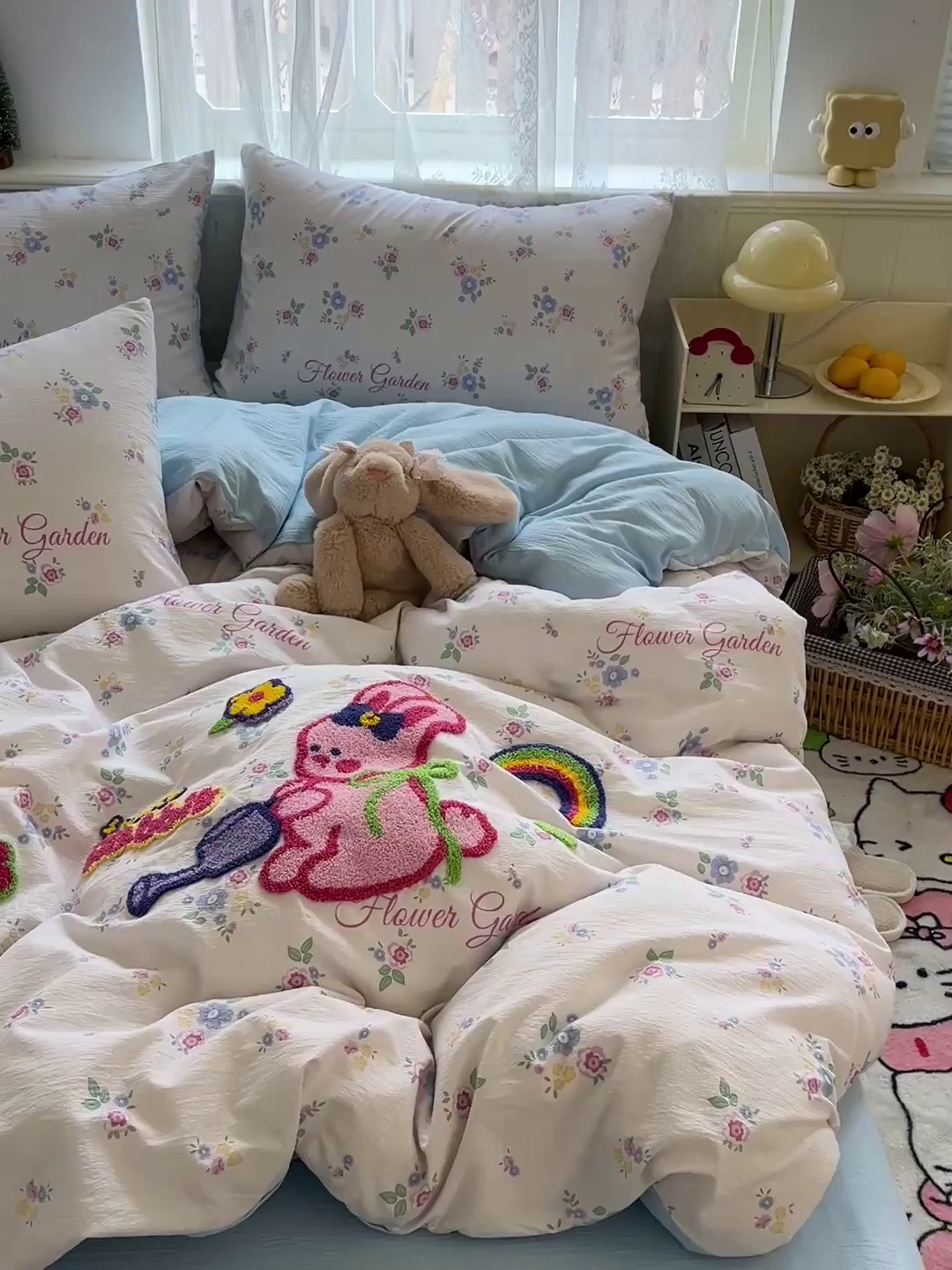 91家纺网 家纺一手货源 找家纺 花伞家居 2025新款毛巾绣印花双层纱四件套（提供买家秀） 浇花兔